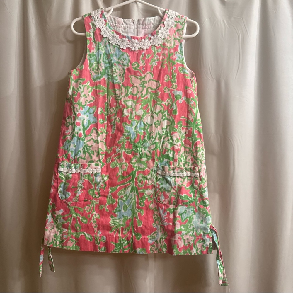 Lilly Pulitzer Pink Floral Sleeveless Shift Dress with White Crochet Trim